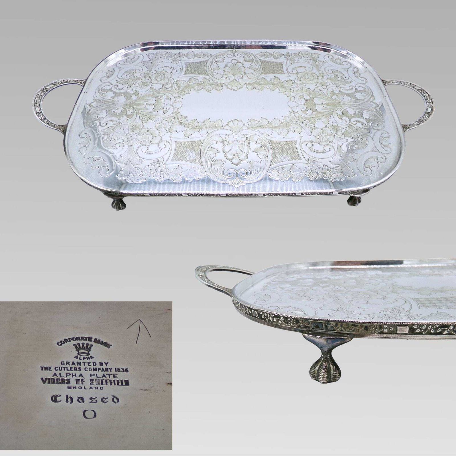 Original Vintage Ball & Claw Viners Of Sheffield Silver Plate Serving Tray.