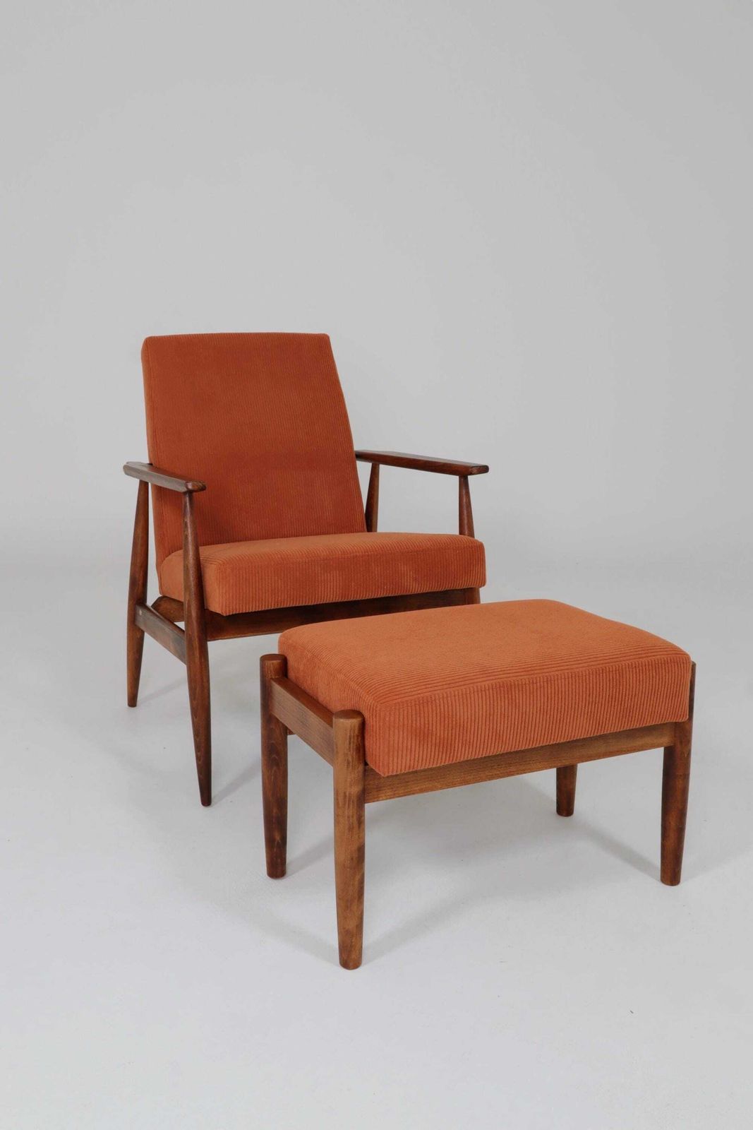 Vintage Set Armchair And Footstool Orange Corduroy Upholstery , Henryk Lis, 1960, Poland
