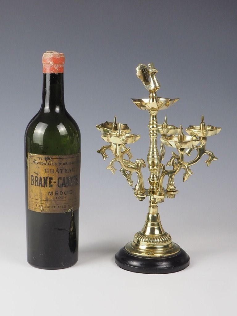 Antique Brass Candelabra Oil And Wick Lamp – Signed photo for sale