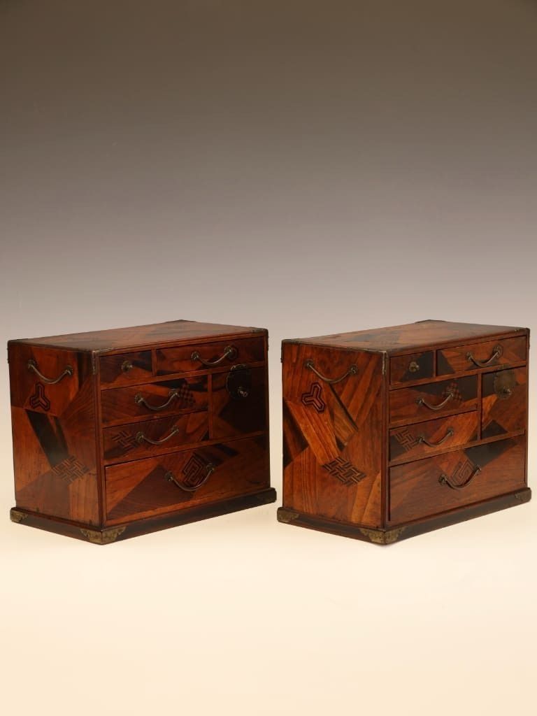 Rare Matching Pair Of Japanese Meiji Period ‘Hakone’ Marquetry Kodansu photo furniture
