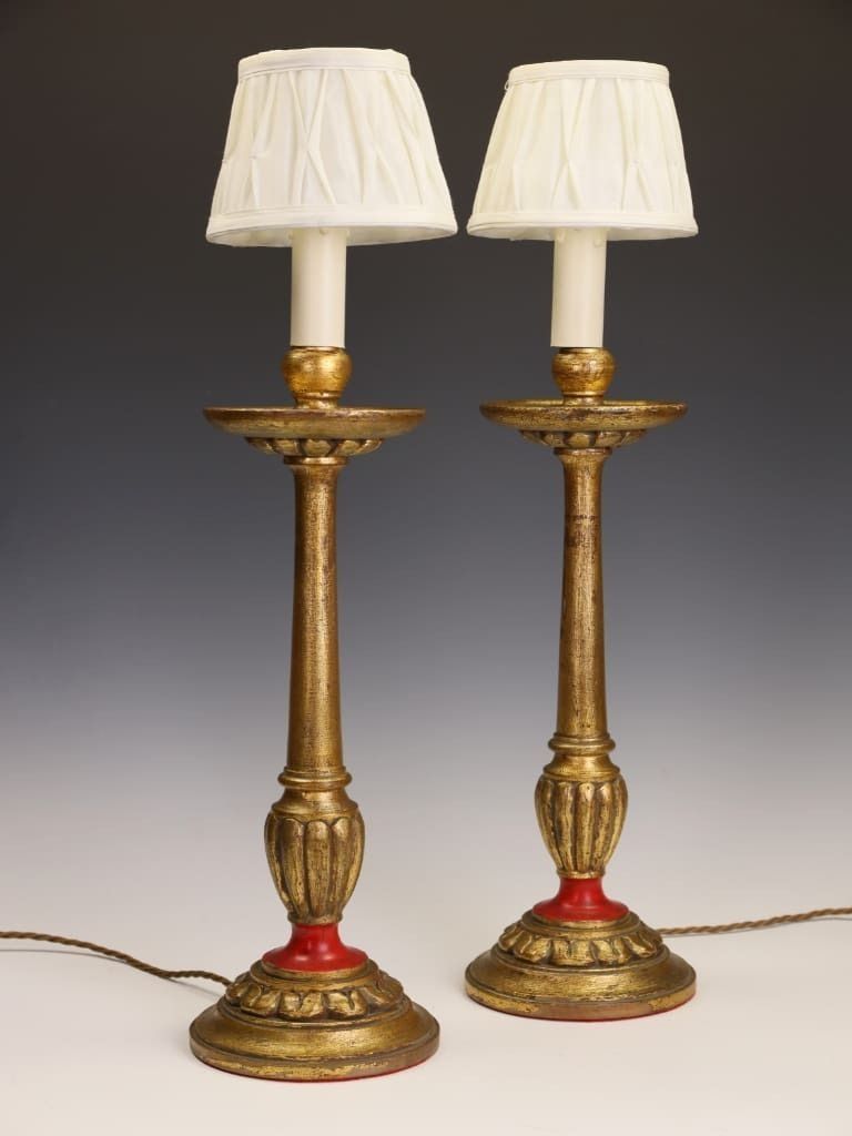 An Elegant Pair Of 19th Century French Gilt Wood Candlestick Lamps photo furniture