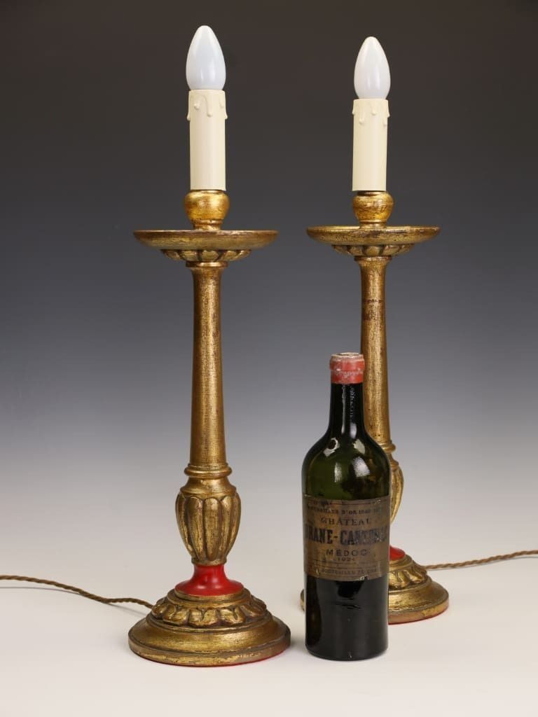 An Elegant Pair Of 19th Century French Gilt Wood Candlestick Lamps photo 795.0