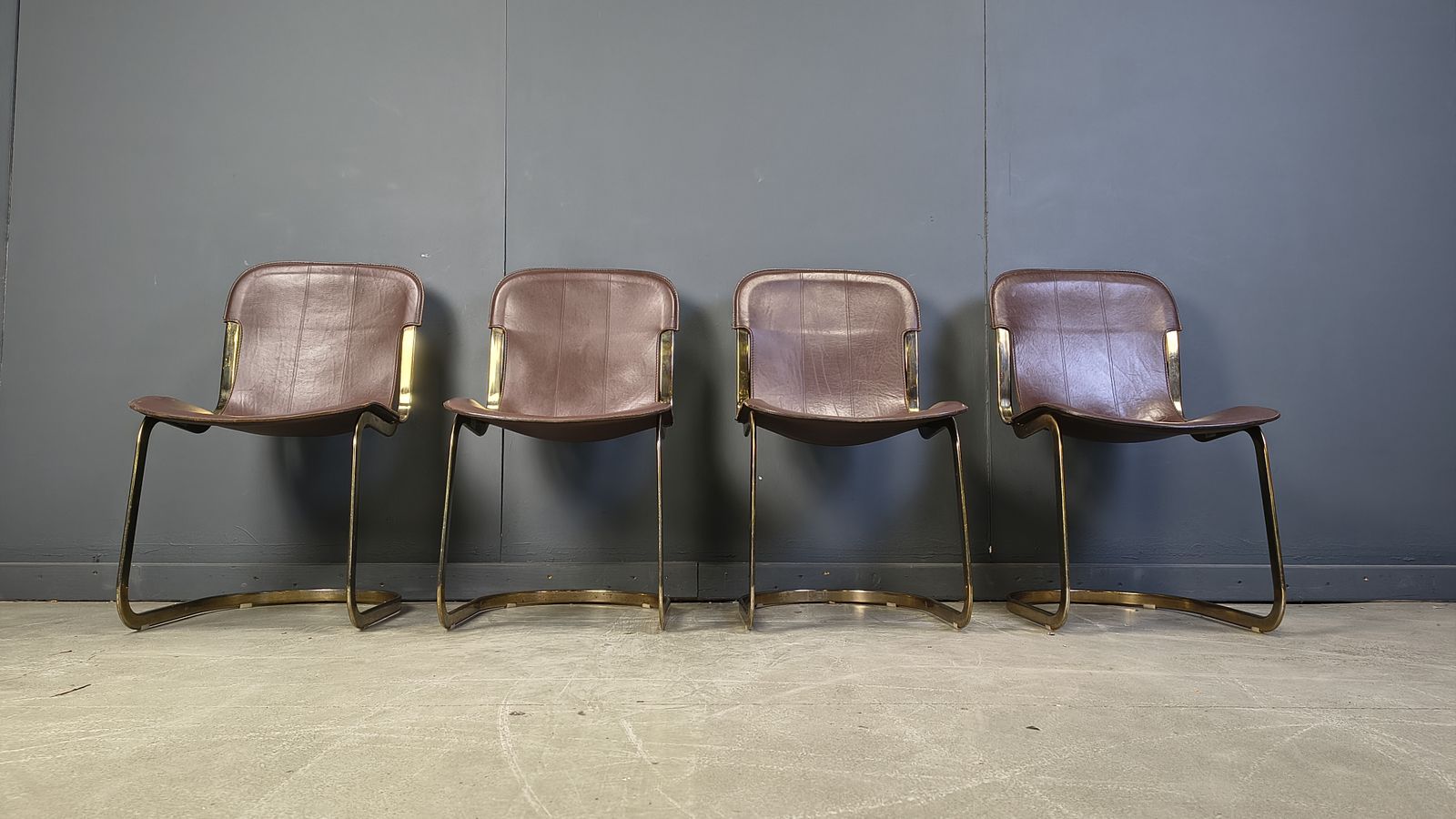Vintage Brass And Brown Leather Dining Chairs By Willy Rizzo For Cidue Set Of 4, 1970s photo vintage