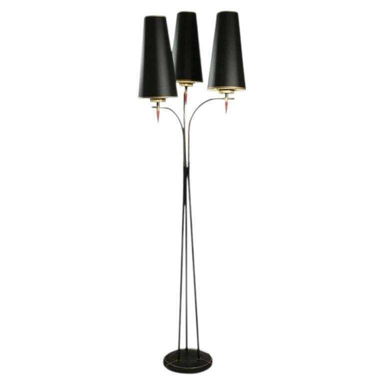 Standing Floor Lamp From The 1960s In Metal Paint And Brass, Three Lights.