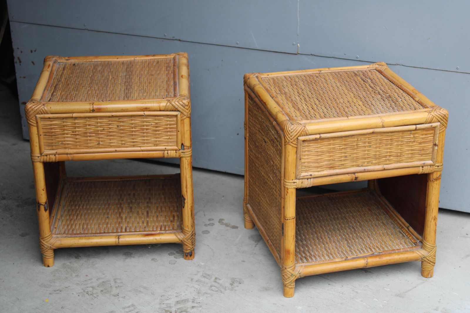 photo furniture Pair Of Cube Shaped Bamboo Bedside Table With Drawer And Shelf Italy 1970s.