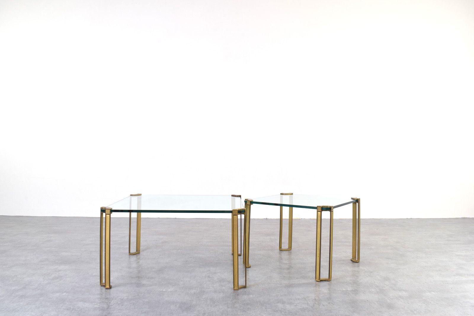 Hollywood Regency Brass And Glass Coffee Tables By Peter Ghyczy, 1970s, Set Of 2