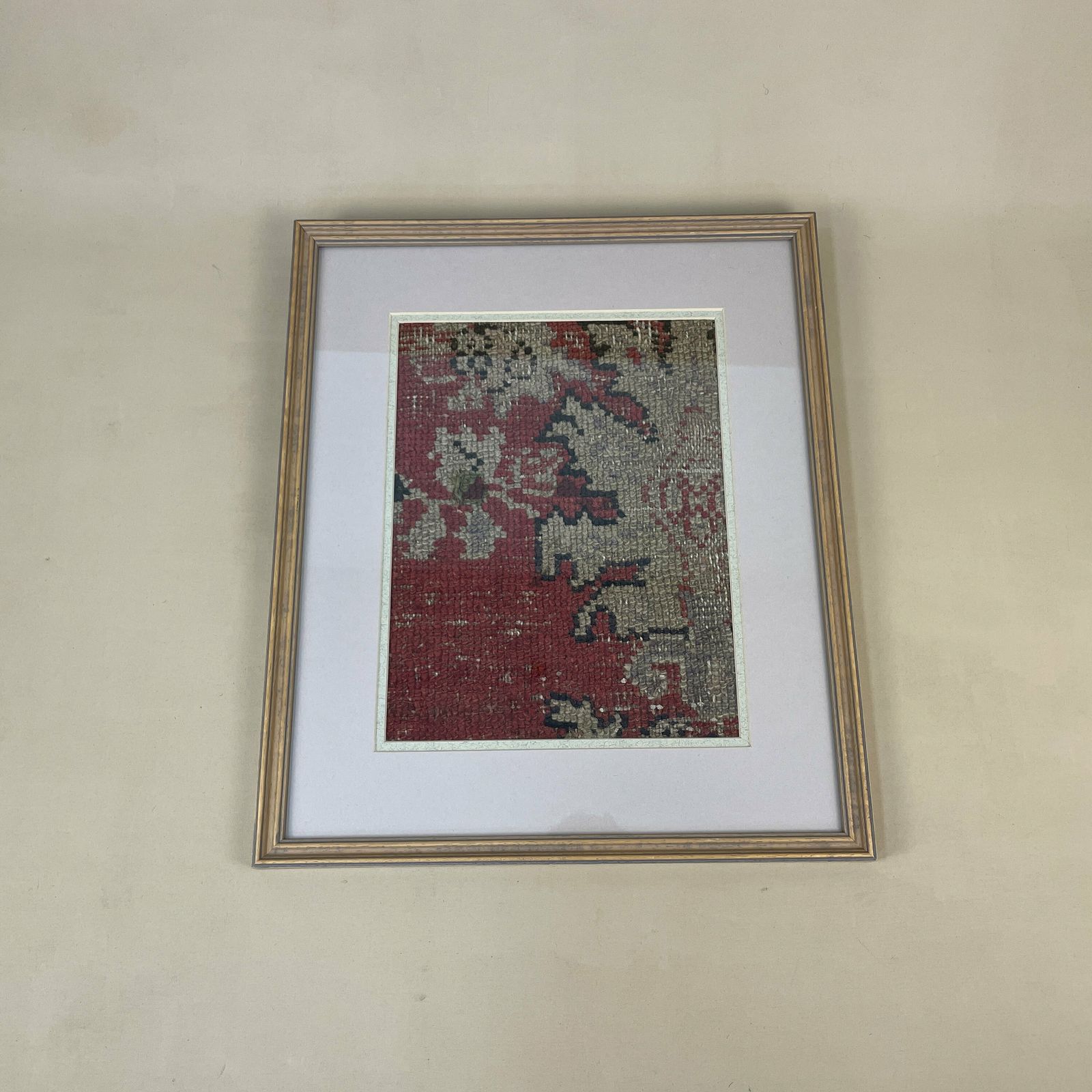 Antique Framed Kilim Rug Carpet Fabric Patch Fragment Handmade Woven Picture Wood Frame Art Vintage Textile 40.5x35cm Wall Traditional Red photo for sale