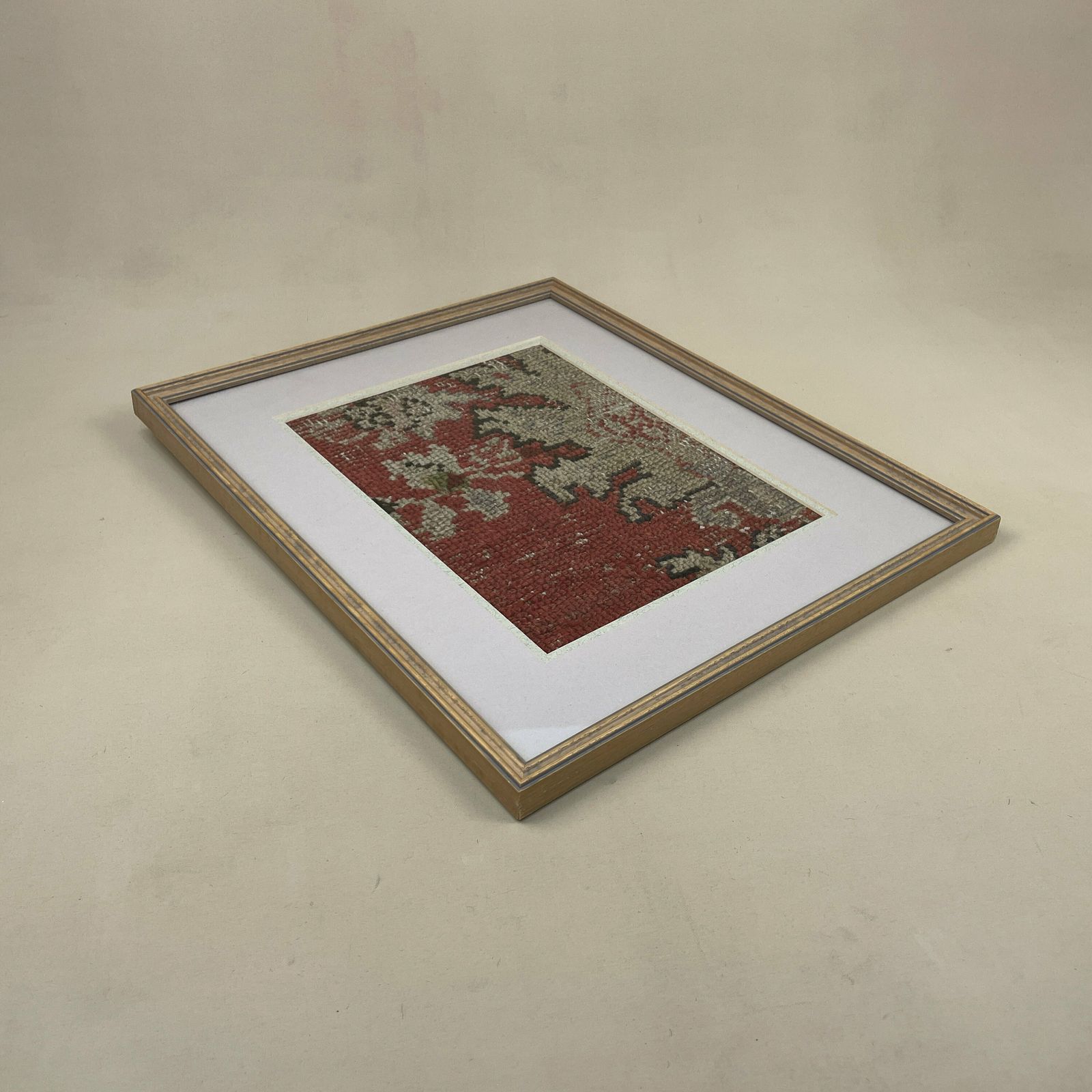 photo for sale Antique Framed Kilim Rug Carpet Fabric Patch Fragment Handmade Woven Picture Wood Frame Art Vintage Textile 40.5x35cm Wall Traditional Red