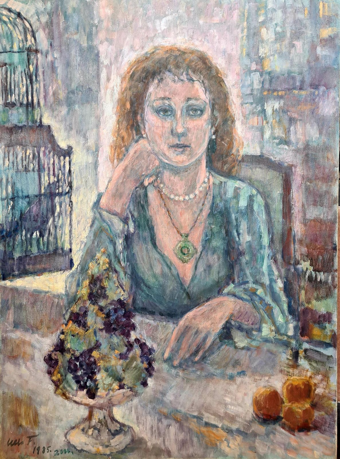 Ulla Fribrock Portrait Of Woman In Interior, Oil On Canvas Modern Figurative Late 20th Century 1985.