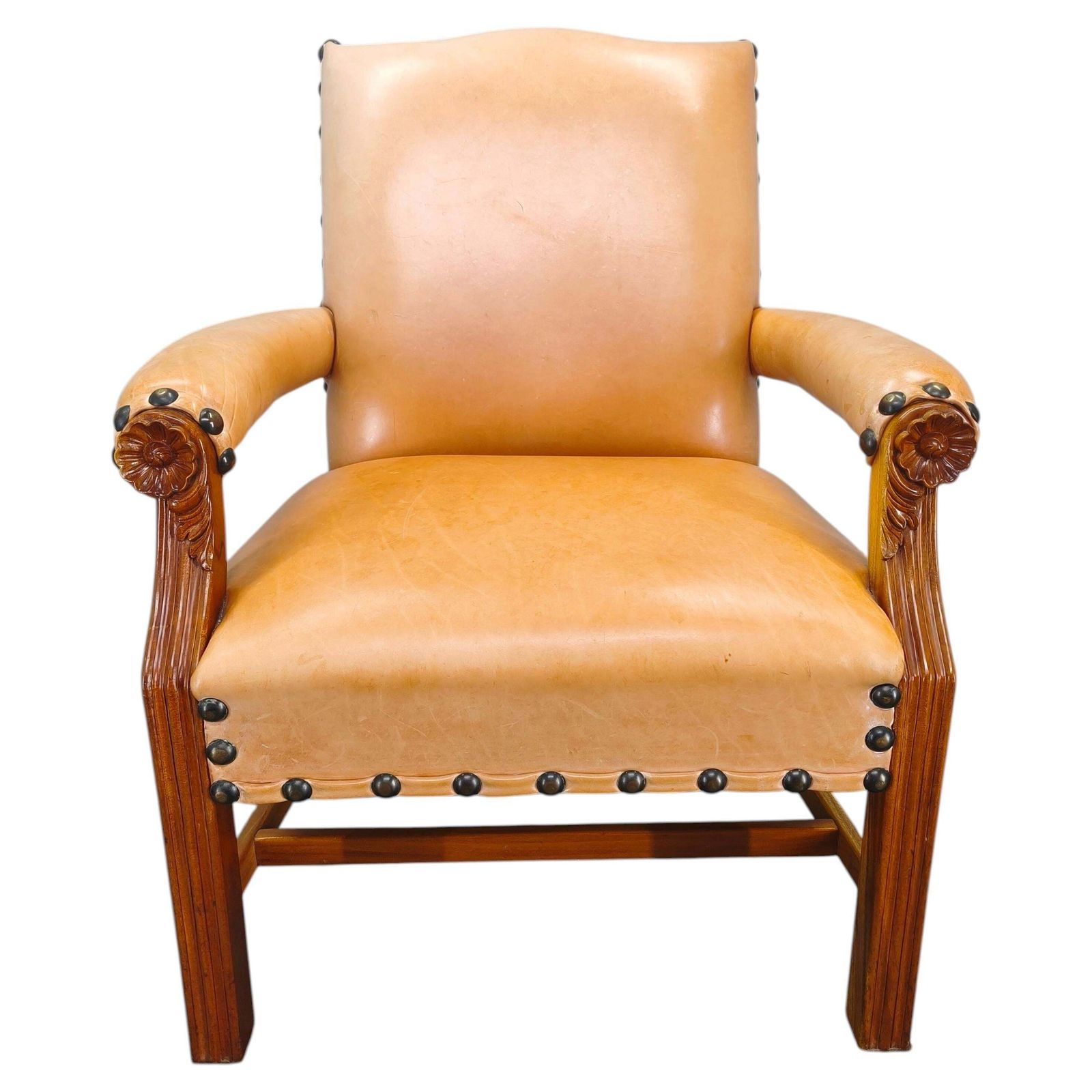 Antique Danish Leather Armchair Carved Wood Club Chair, Early 1900s.