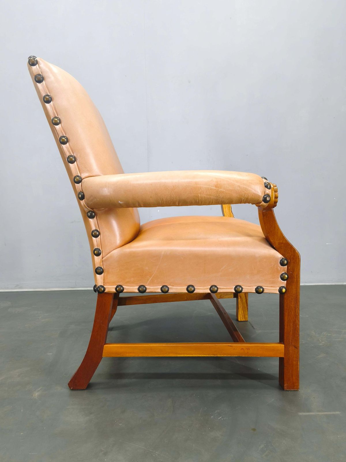 photo vinterior Antique Danish Leather Armchair Carved Wood Club Chair, Early 1900s.