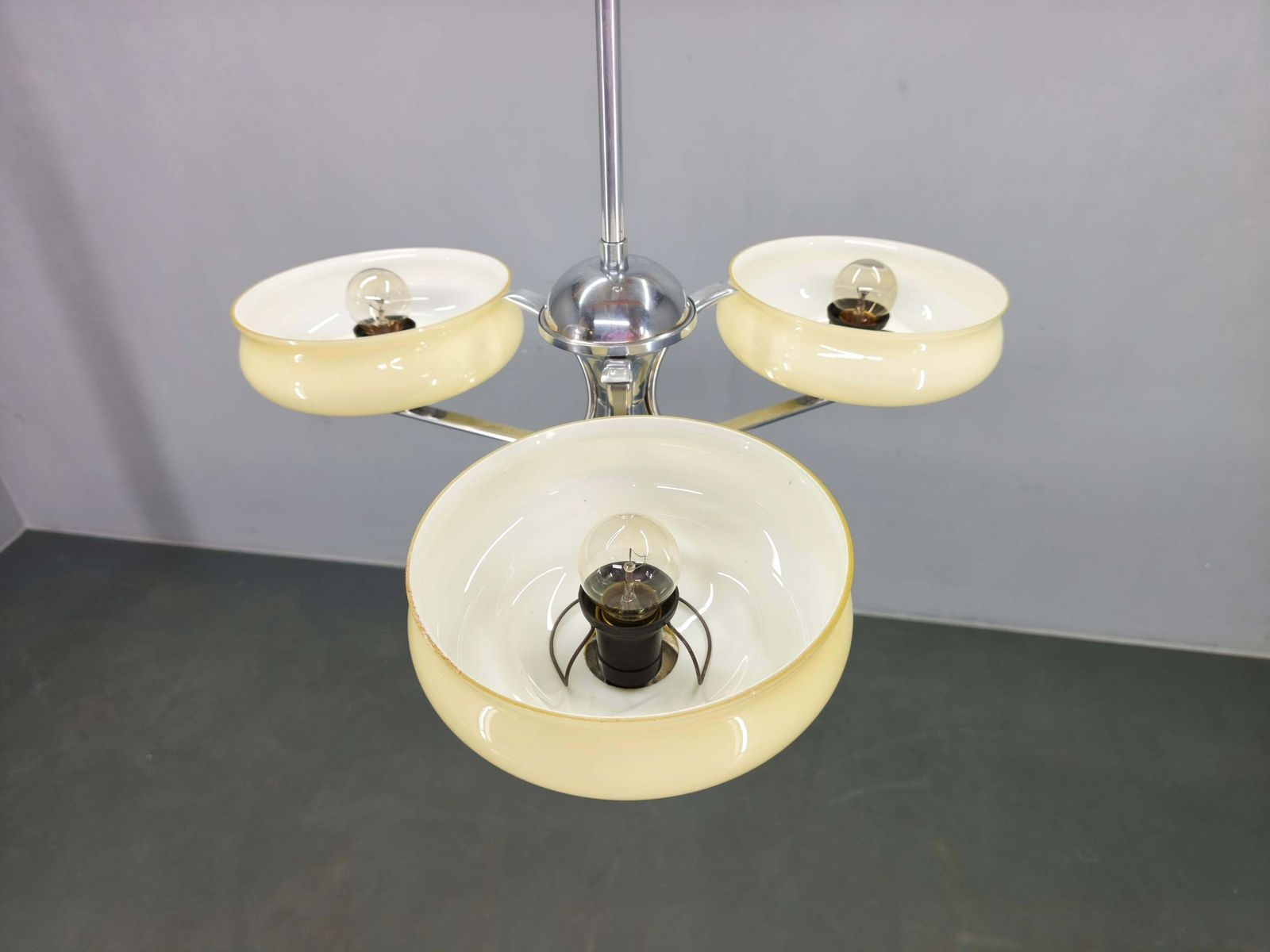 Bauhaus Chandelier Czechoslovakia 1930s Milk Glass Chrome Pendant. photo Lighting