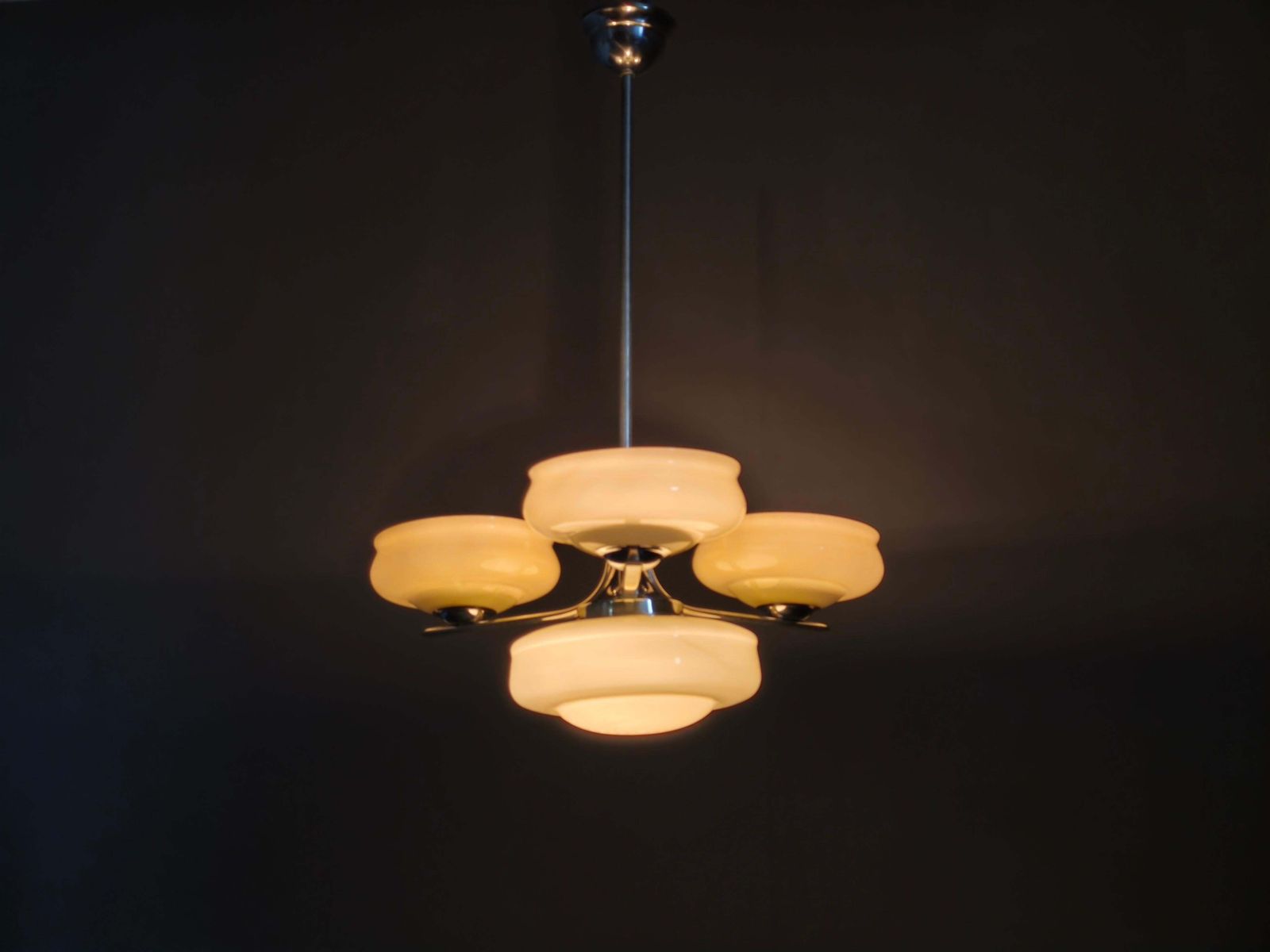 Lighting Bauhaus Chandelier Czechoslovakia 1930s Milk Glass Chrome Pendant. photo