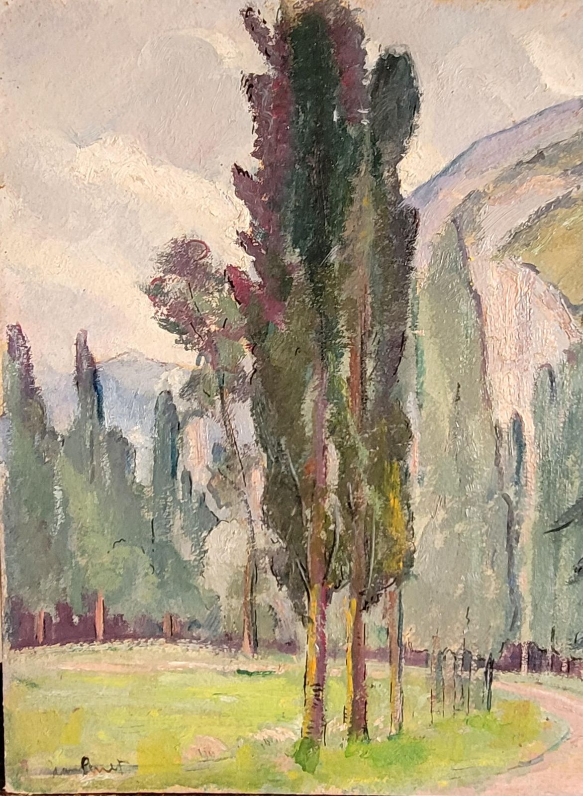 Jean Perret Provençal Landscape With Cypress Trees. Oil On Board. 44cm X 54.5cm. photo furniture