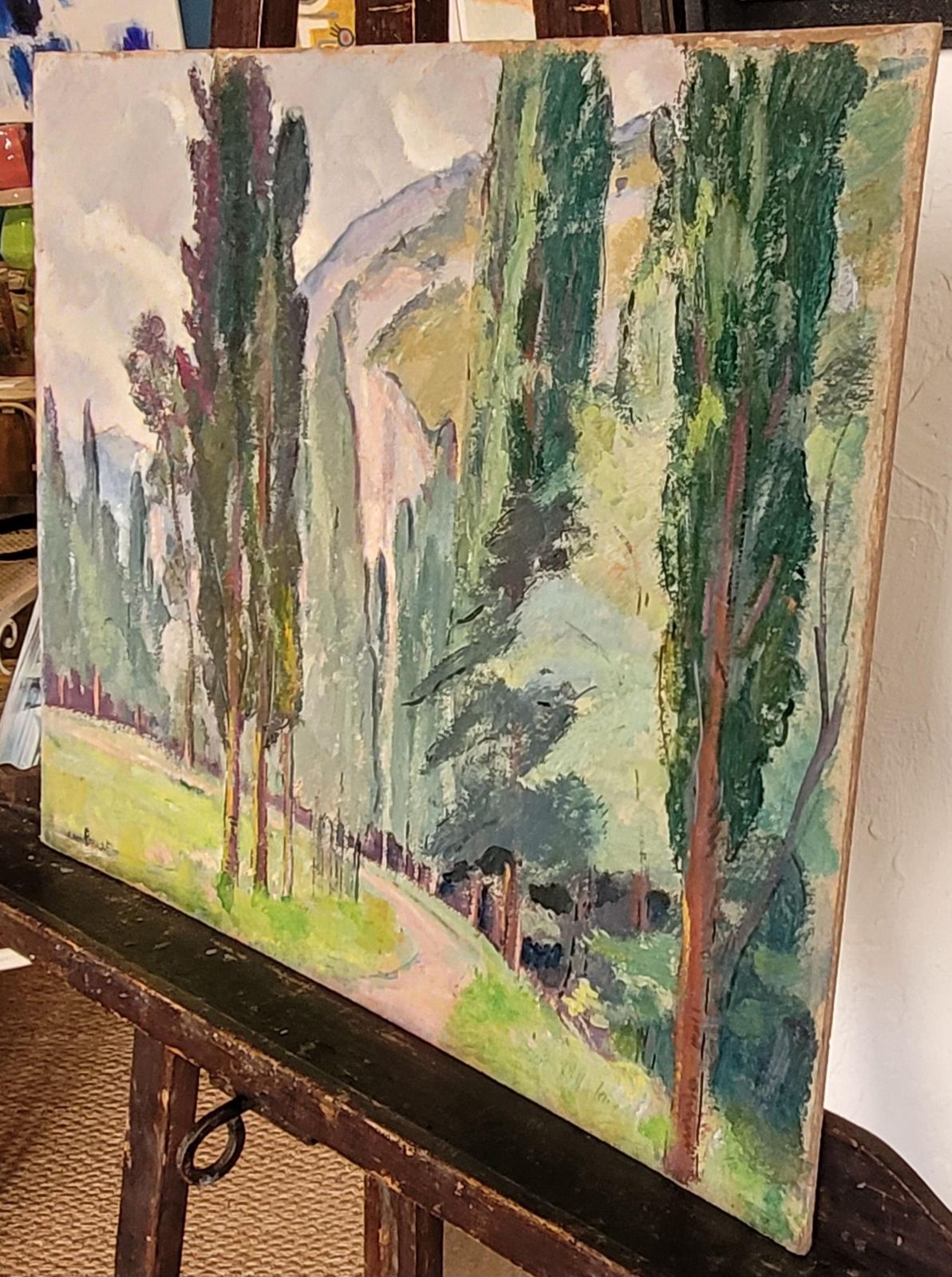 photo for sale Jean Perret Provençal Landscape With Cypress Trees. Oil On Board. 44cm X 54.5cm.