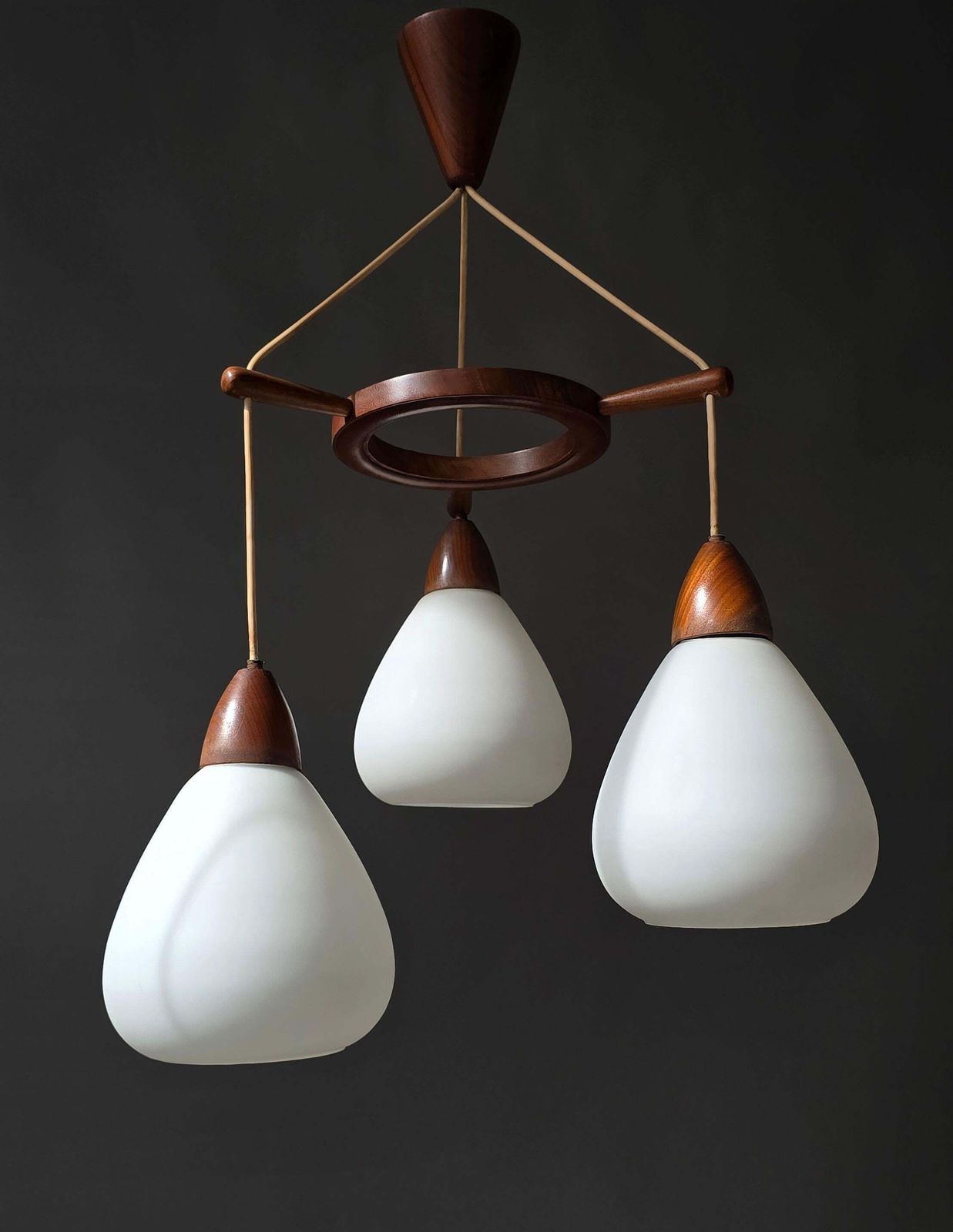 Danish Mid Century Teak And Opaline Glass 3 Light Chandelier, 1960s photo furniture