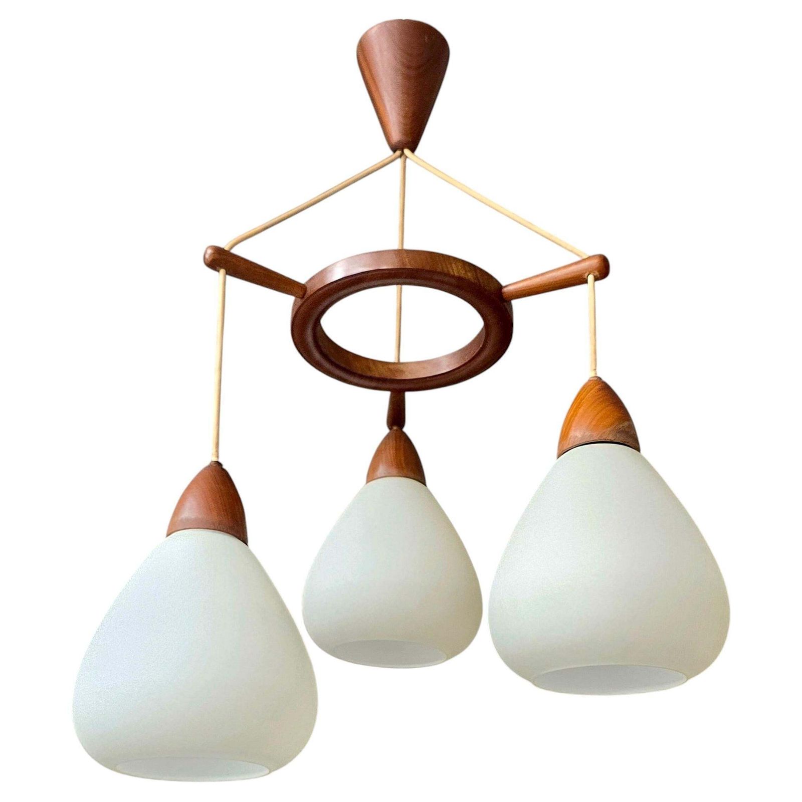 Danish Mid Century Teak And Opaline Glass 3 Light Chandelier, 1960s photo 2007.0