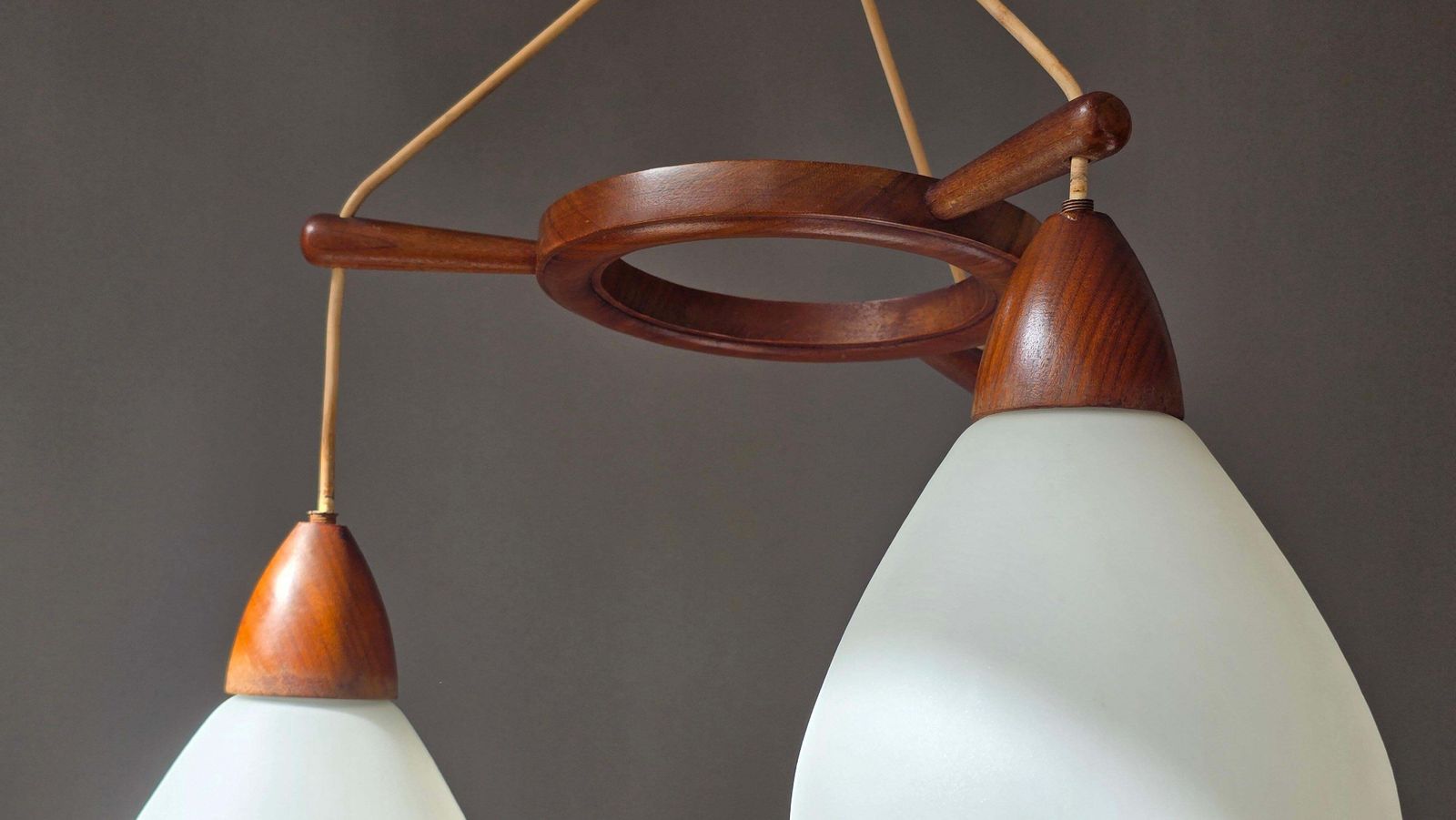Danish Mid Century Teak And Opaline Glass 3 Light Chandelier, 1960s photo buy