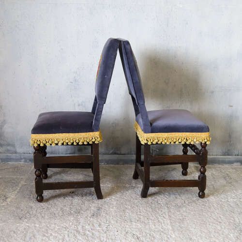 Furniture Matched Pair Scottish Oak Armorial Clan Chairs Velvet Upholstery Heraldic Crests C 1650 photo