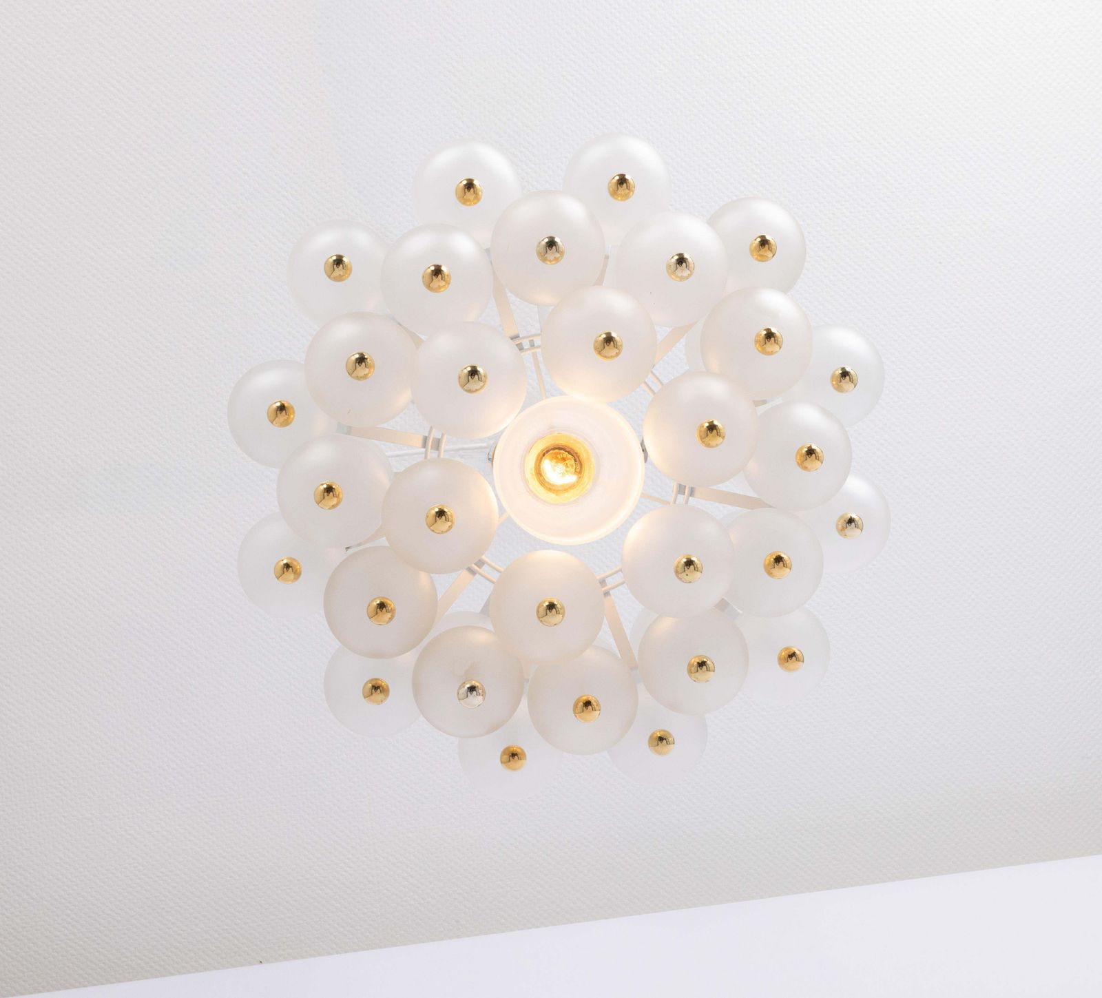 photo for sale Large Frosted Glass And Brass Chandelier By Kinkeldey, Germany, 1970s