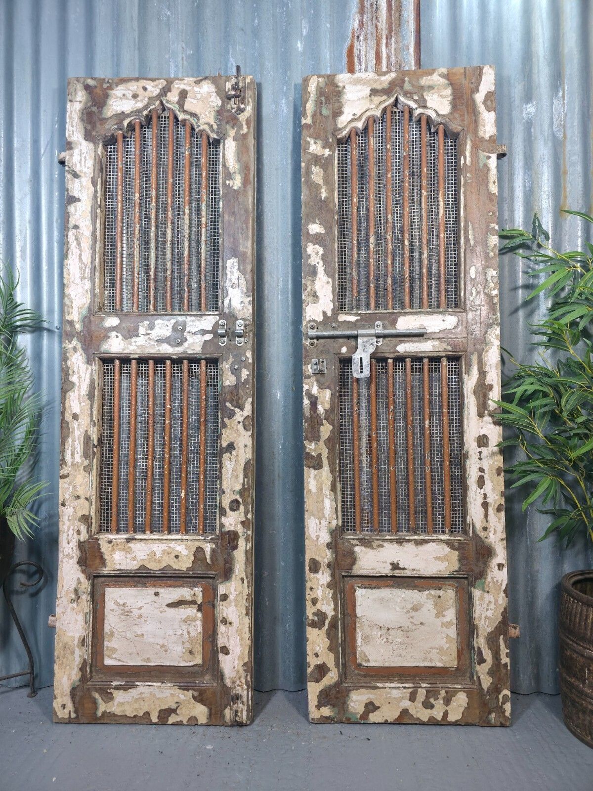 Pair Vintage Rustic Indian Wooden Iron Doors Garden Gates Room Divider Screen photo vinterior