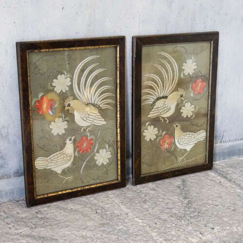 Pair Of French Silk Embroideries Of Cockerels & Hen, Faux Tortoiseshell Frames C 1870 photo furniture