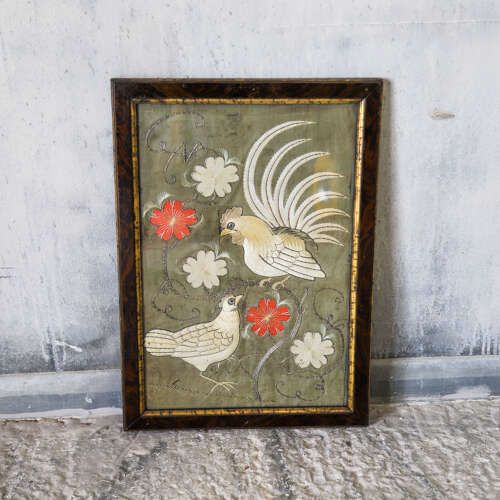 photo furniture Pair Of French Silk Embroideries Of Cockerels & Hen, Faux Tortoiseshell Frames C 1870