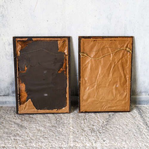 photo for sale Pair Of French Silk Embroideries Of Cockerels & Hen, Faux Tortoiseshell Frames C 1870