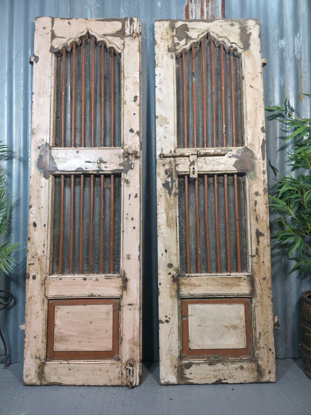 Pair Vintage Rustic Indian Wooden Iron Doors Garden Gates Room Divider Screen photo 245.0