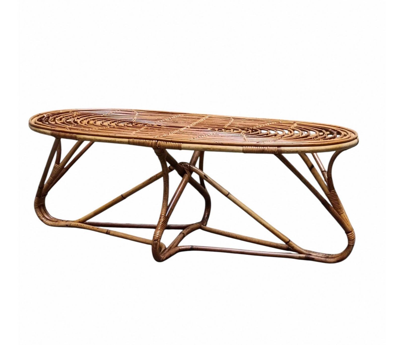 Tito Agnoli Attrib. Oval Woven Rattan Coffee Table, Italy 1960s photo for sale