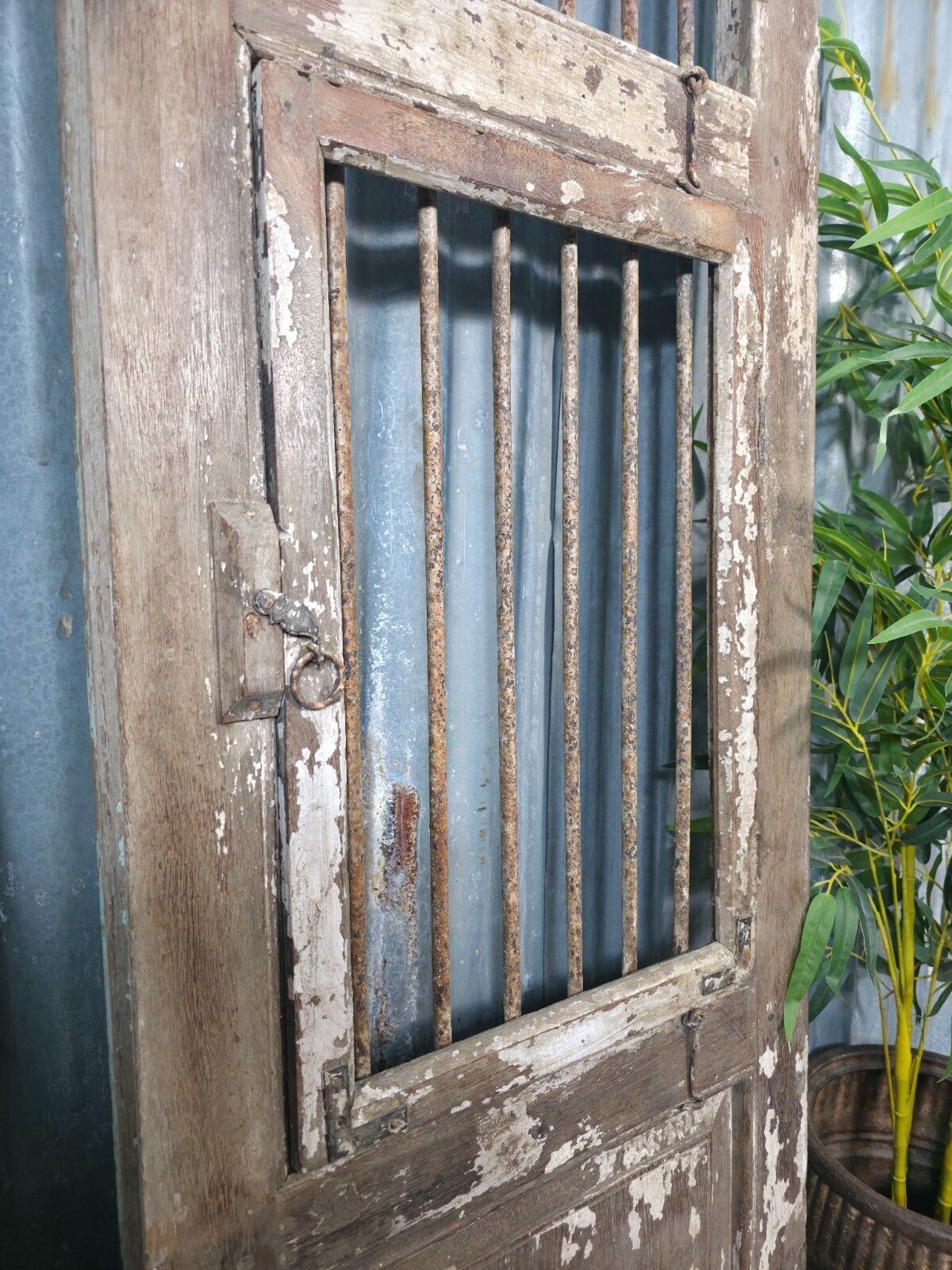 Pair Vintage Rustic Indian Wooden Iron Doors Garden Gates Room Divider Screen photo vintage
