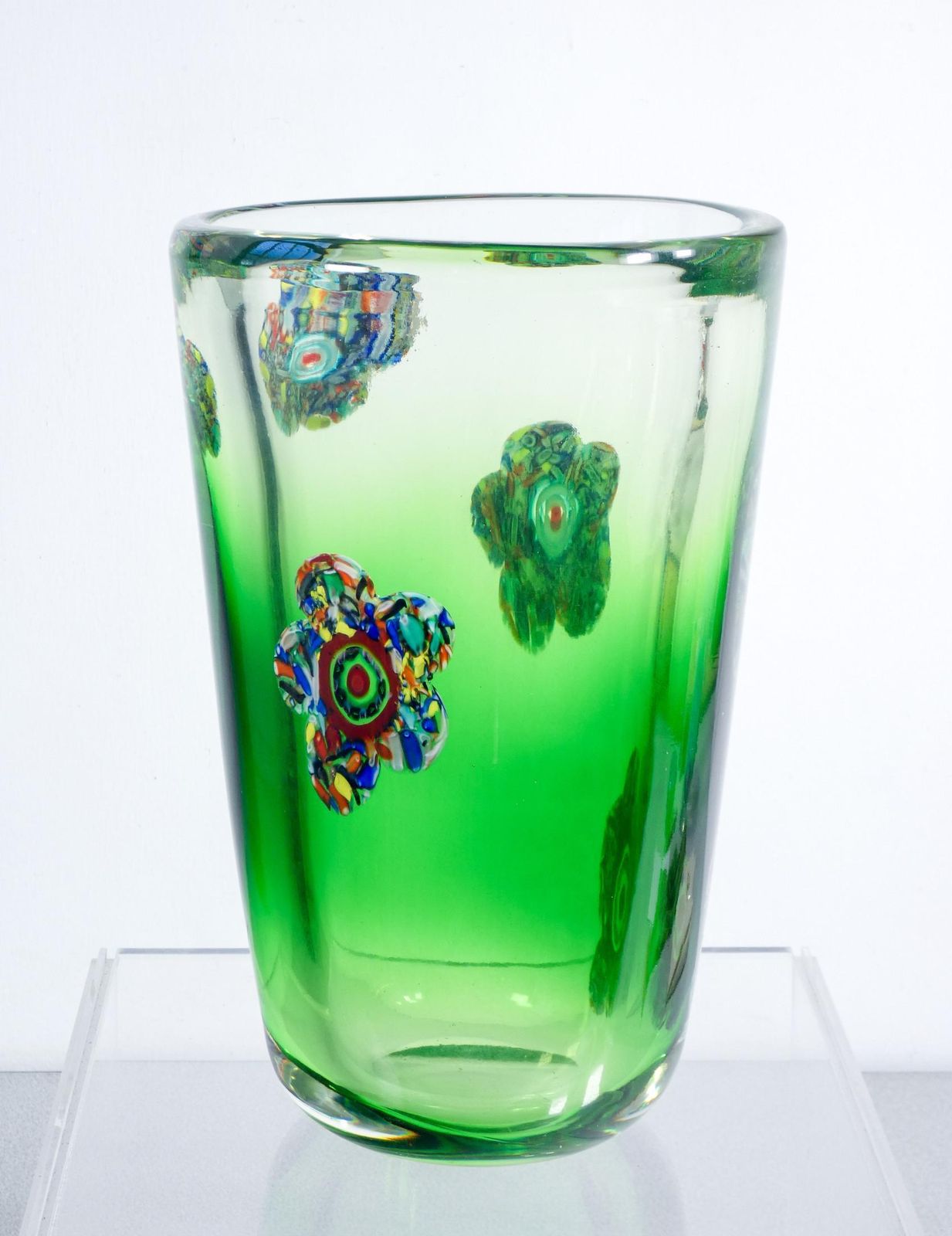 Large Murano Blown Glass Vase Decorated With Flowers And Murrine. 1990s photo vintage