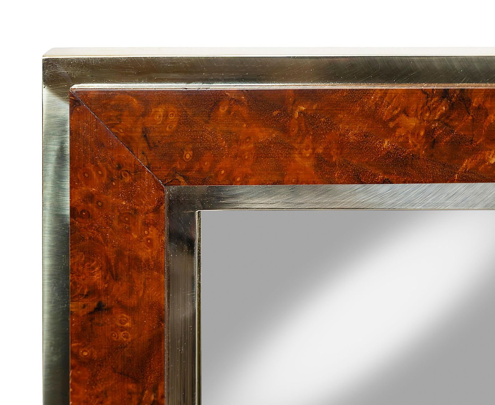 Mid Century Italian Wall Mirror, Brass Frame With Wood Veneer, 1970 photo furniture