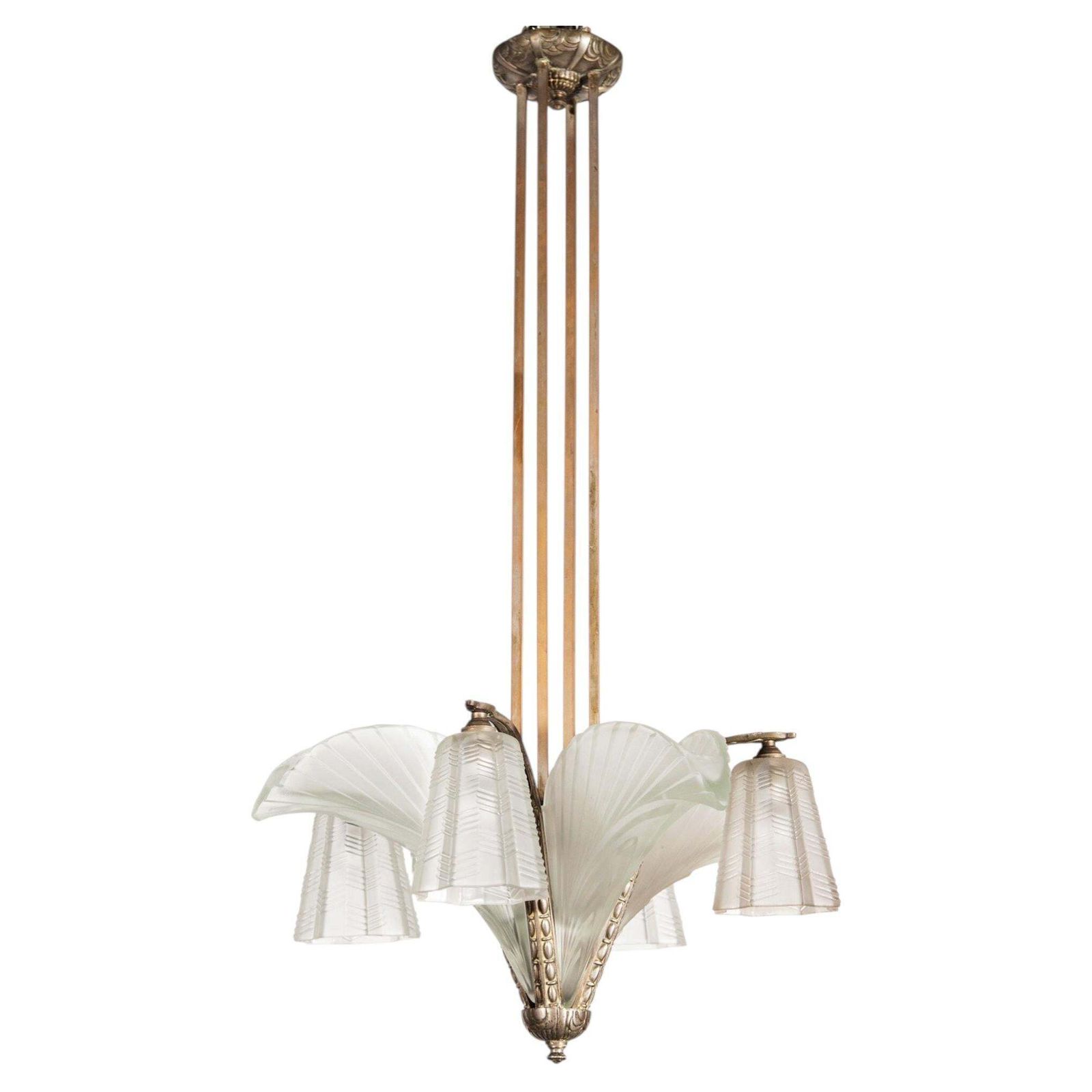 Art Deco Chandelier, Silvered Bronze & Art Glass, France, 1930