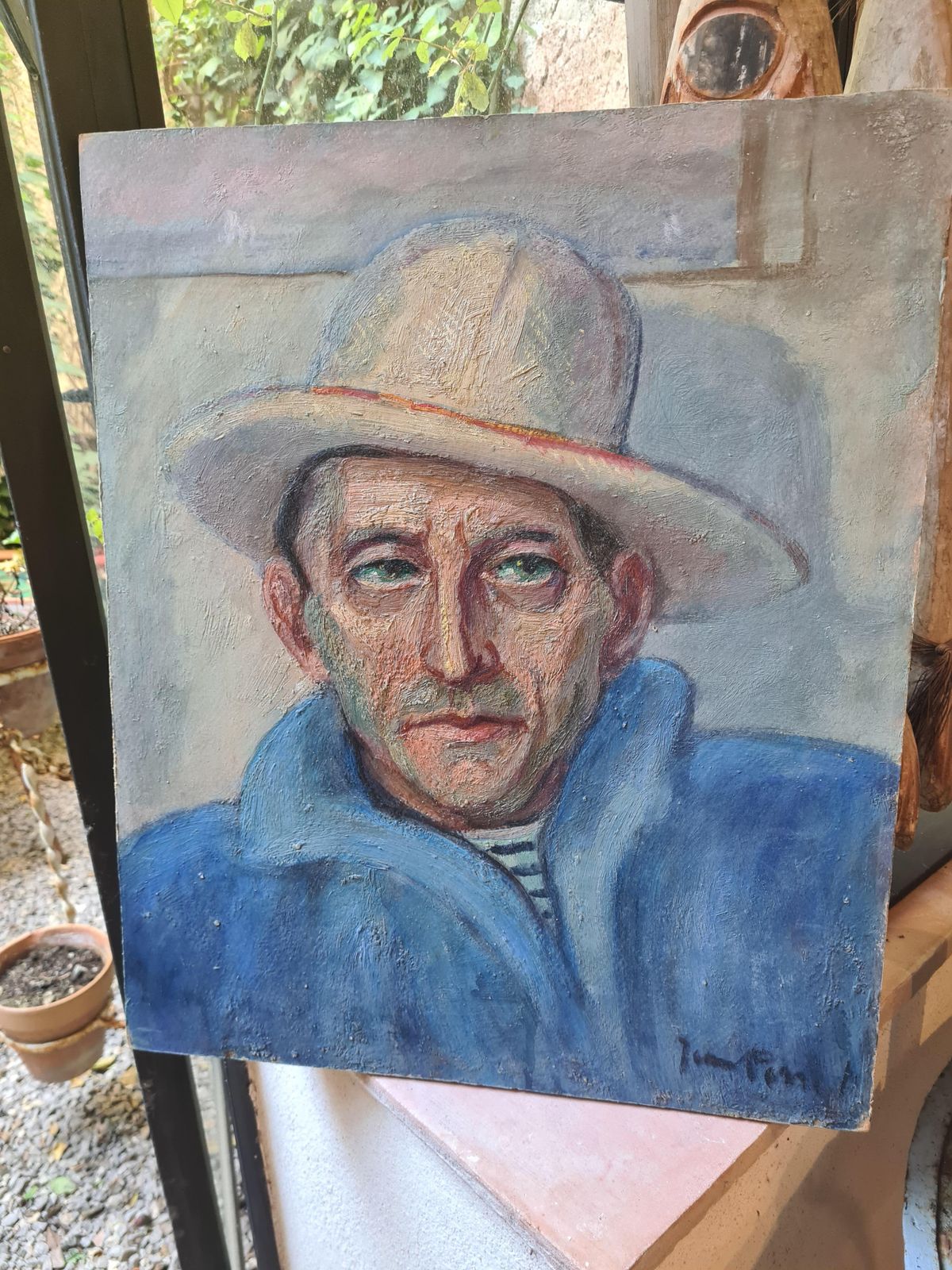 photo for sale Man In A Hat, Signed Oil Portrait, Mid Century By Jean Perret