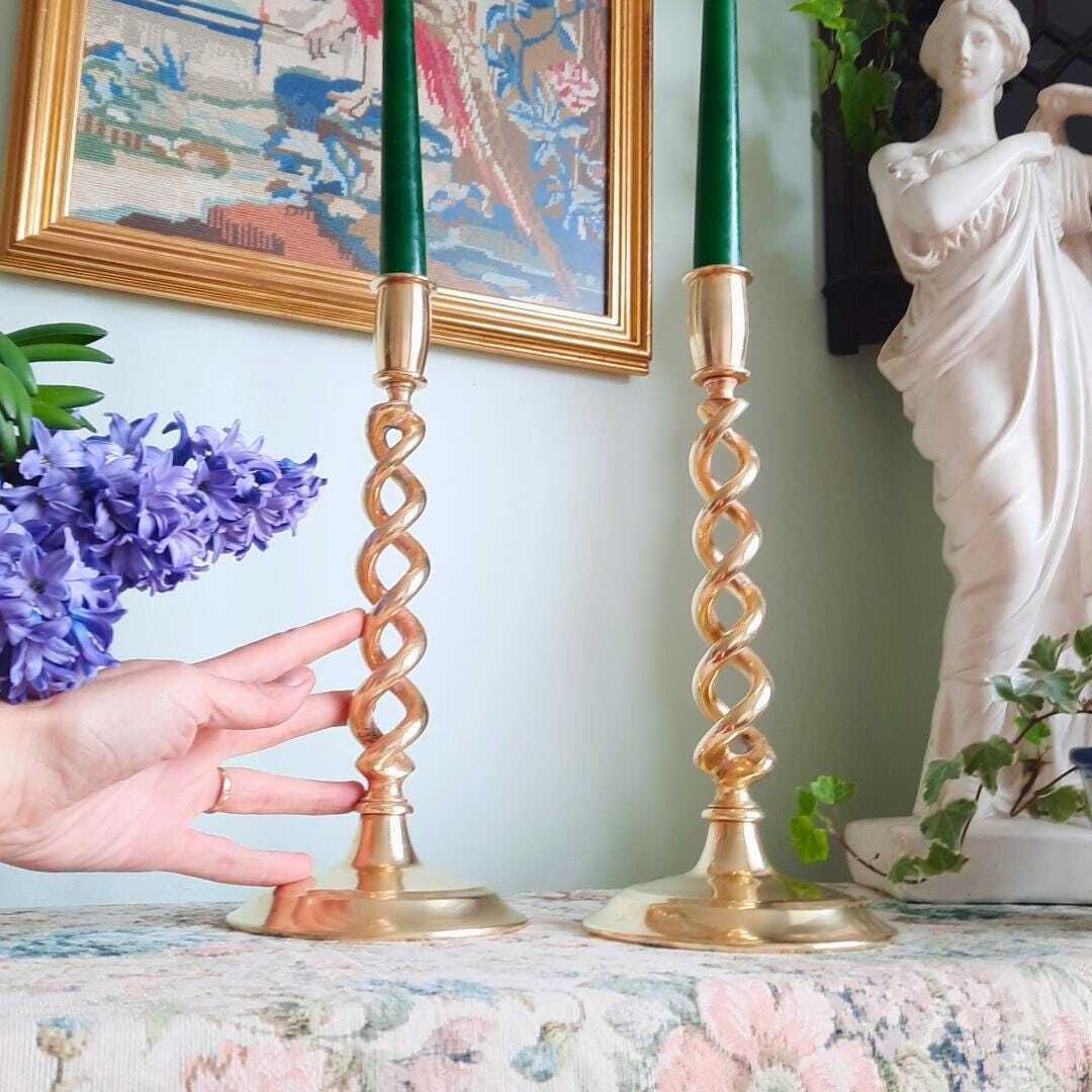 Truly Antique Victorian Open Barley Twist Brass Candle Holder Pair 1800s 12'' Tall