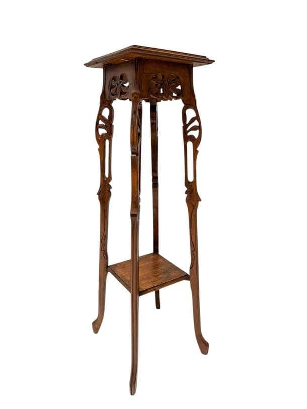 Art Nouveau Pedestal Plant Stand, Hand Carved Beech & Marble, 1900s photo furniture