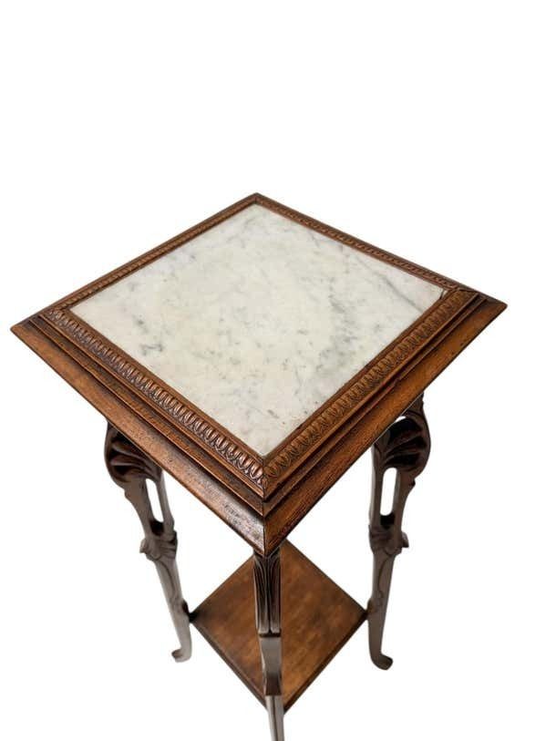 Art Nouveau Pedestal Plant Stand, Hand Carved Beech & Marble, 1900s photo vinterior