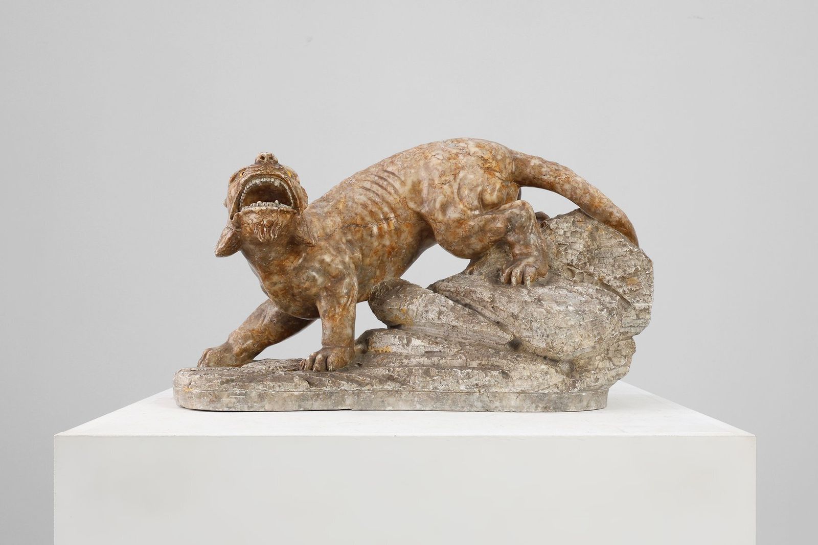 Belgian Artist, Large Statue Of A Lynx, 1960s, Marble photo Art