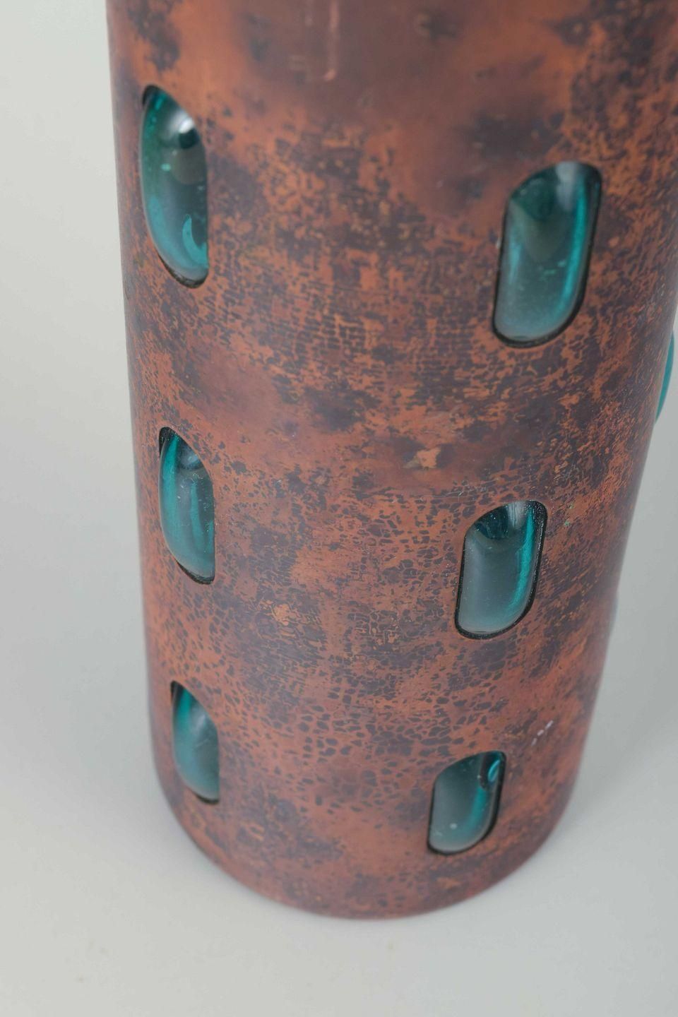 Nanny Still For Raak. Vase In Hammered Copper With A Bluish Green Glass Insert. photo for sale