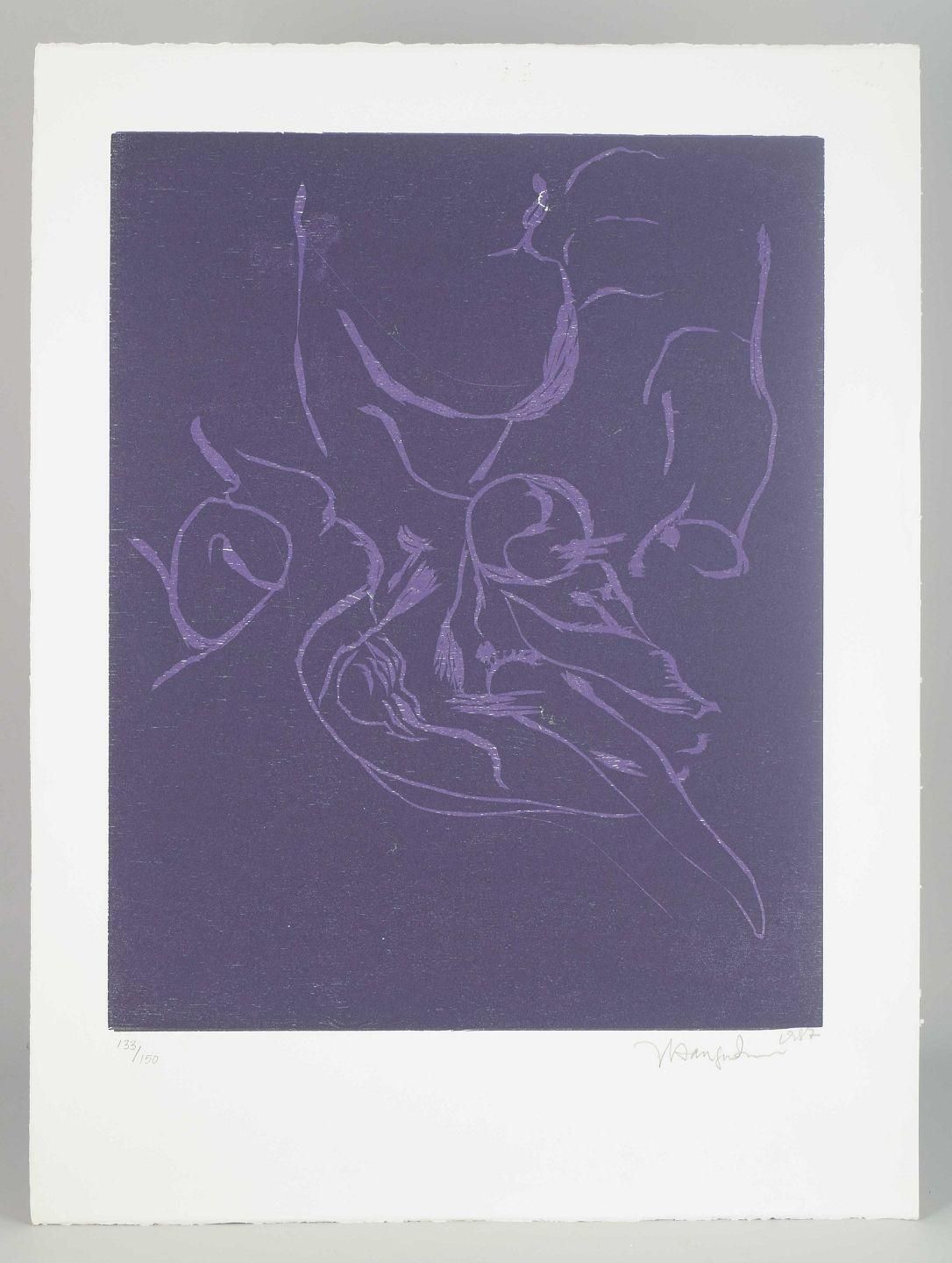 Jørgen Haugen Sørensen. Woodcut On Paper. Abstract Composition In Violet Tones. photo furniture