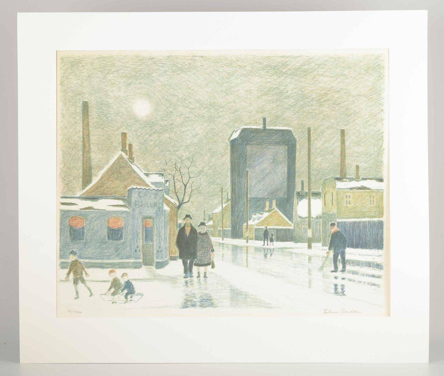 Folmer Bendtsen. Color Lithograph. Working Class Neighborhood In Wintertime. photo furniture