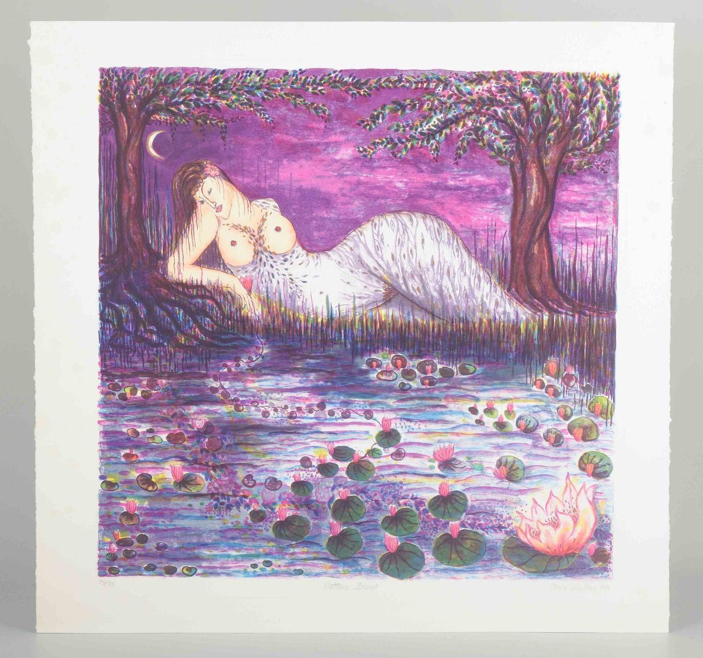 Inger Winther. Color Lithograph. “Nattens Blomst”. Reclining Female Figure. photo furniture