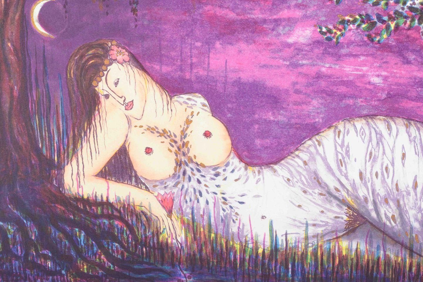 Inger Winther. Color Lithograph. “Nattens Blomst”. Reclining Female Figure. photo for sale