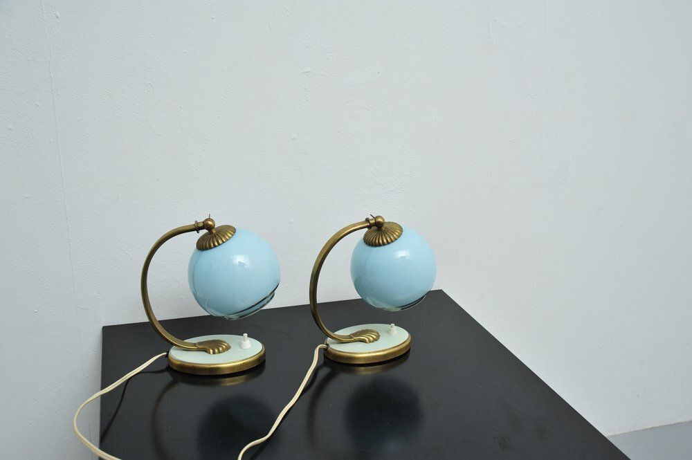 Bedside Lamps With Blue Glass And Bronze Bases, Set Of 2 photo Lighting