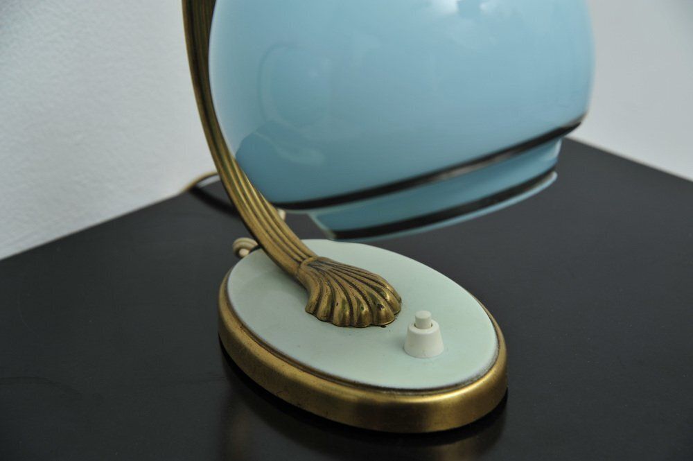 photo for sale Bedside Lamps With Blue Glass And Bronze Bases, Set Of 2