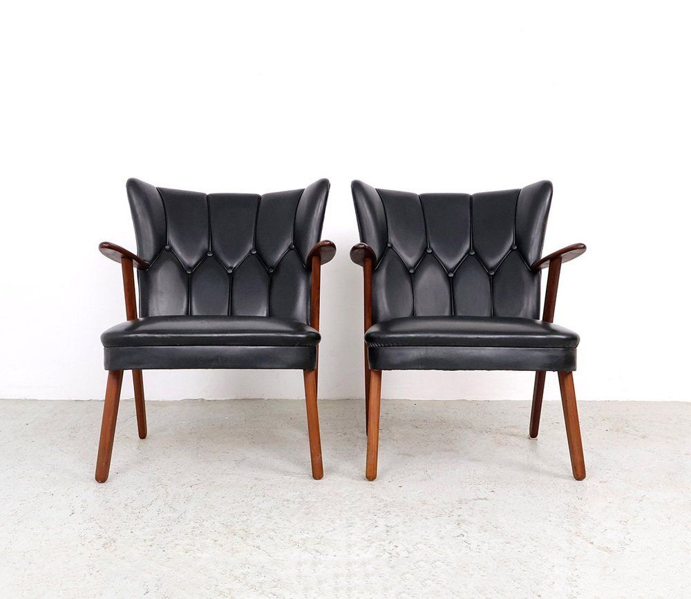 Danish Chairs In Teak And Faux Leather From Erhardsen & Andersen, 1960s, Set Of 2 photo for sale