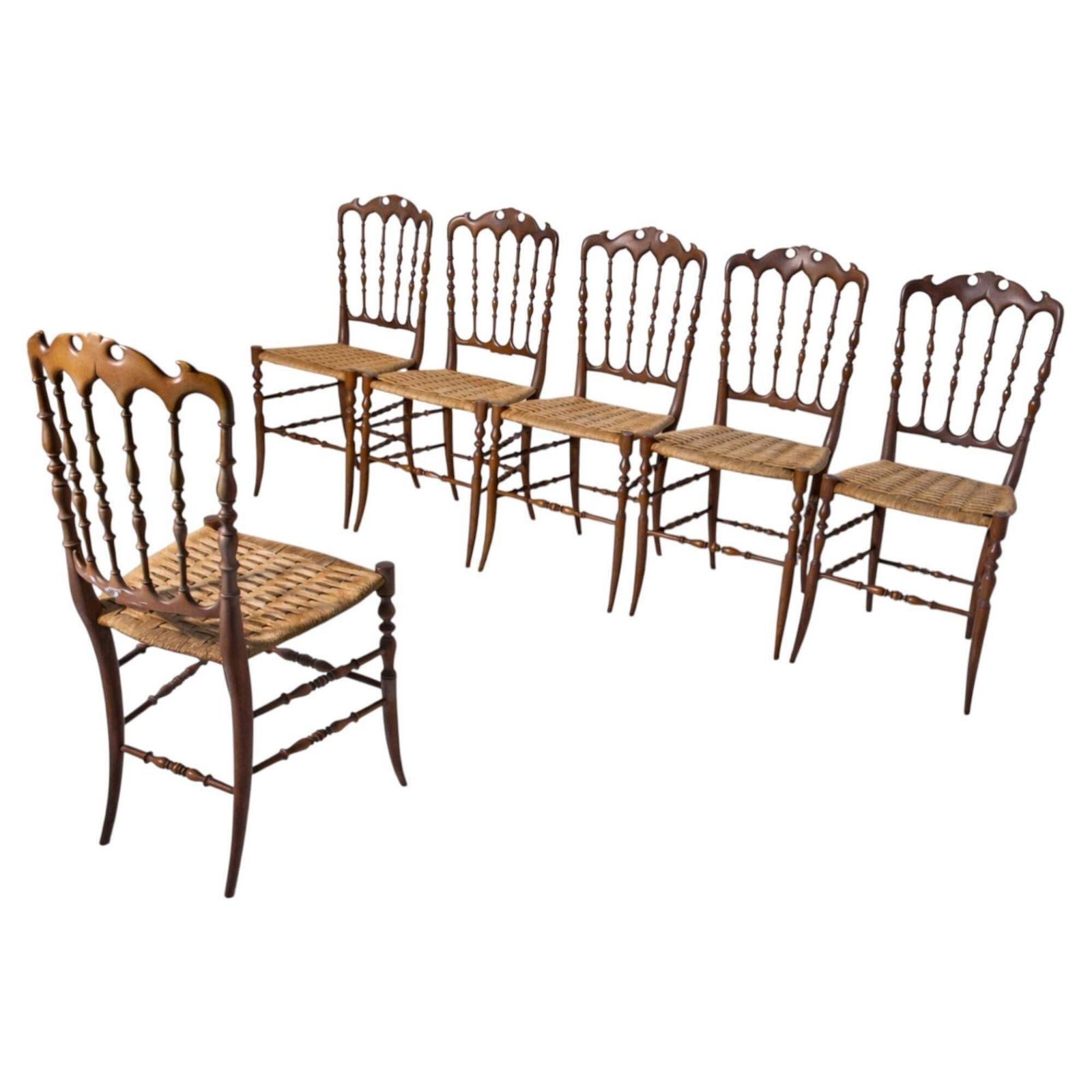 Set Of Six Italian Chiavarine Chairs, Umbertino Model With Rope