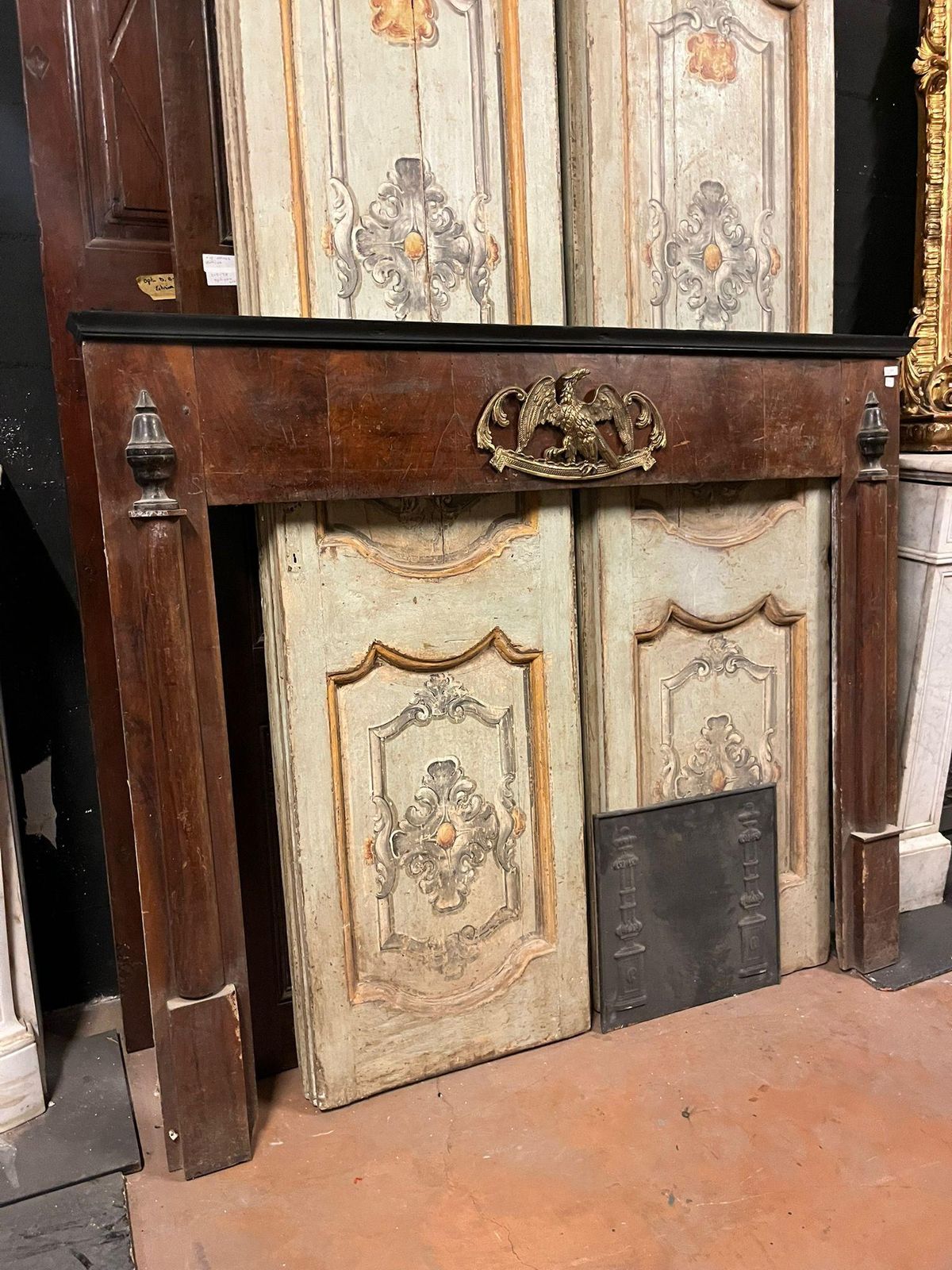 Walnut Empire Frame Fireplace, Panelled With Side Half Columns, Italy photo vintage