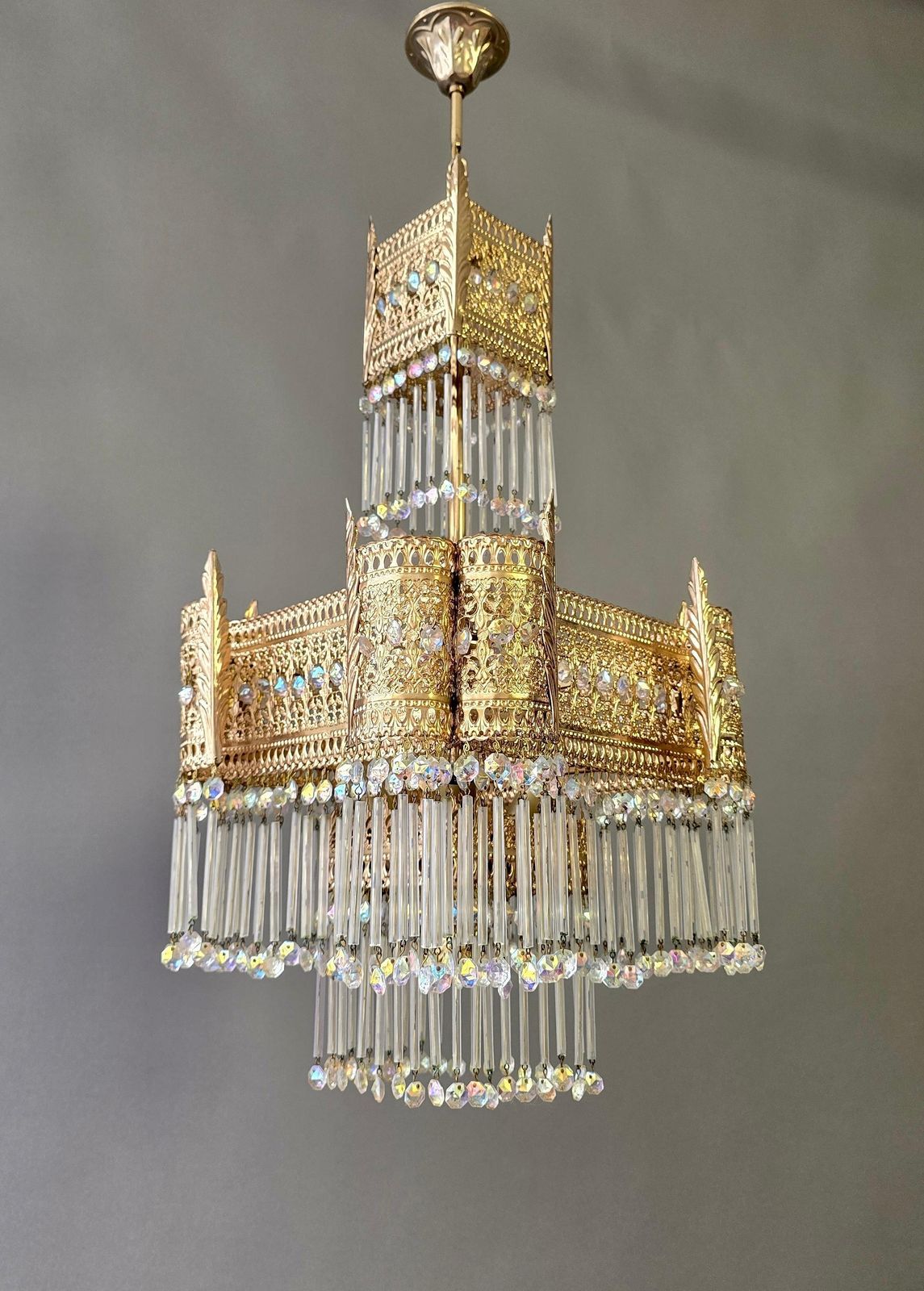 Hollywood Regency Gilt Bronze And Crystal Chandelier, Maison Jansen Style, 1970s photo vintage